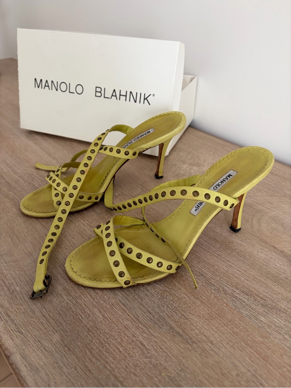 Manolo Blahnik Lime Green Studded Strappy Mid-Heel Sandals
